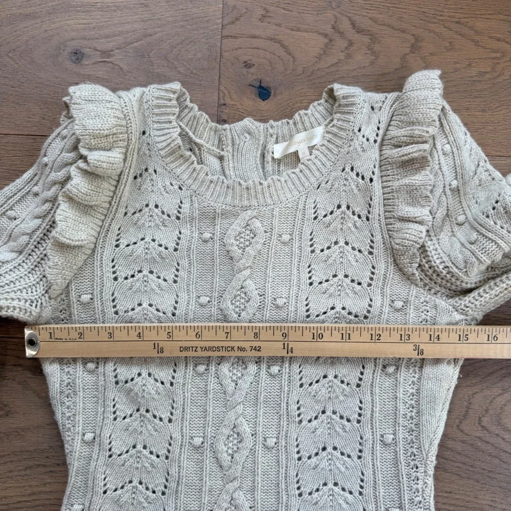 LoveShackFancy Zeke Womens Oatmeal Cable Knit Ruffle Mini Sweater Dress XS Cream - Picture 8 of 12